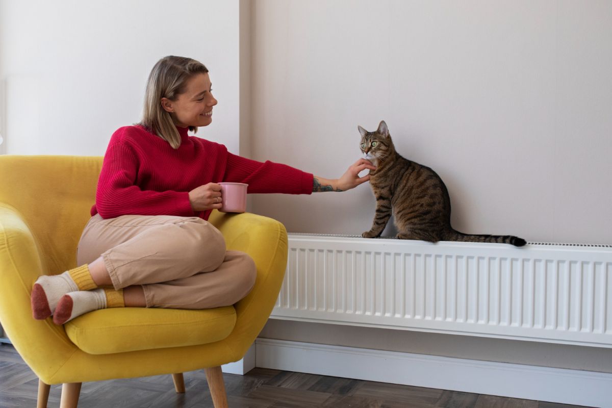 Žena hladí kočku na topení